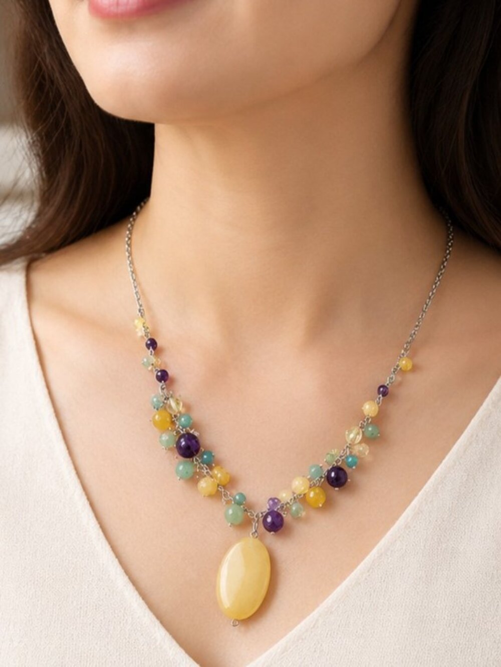 Handcrafted, One-of-a-kind, Natural gemstone necklace with yellow jade pendant